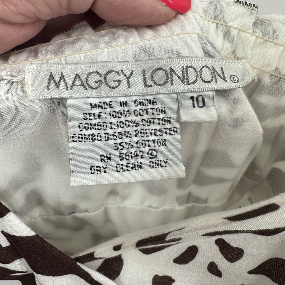 Maggy London Brown White Tropical Leaf Print Cotton Empire Waist Dress Womens 10 - Picture 8 of 9